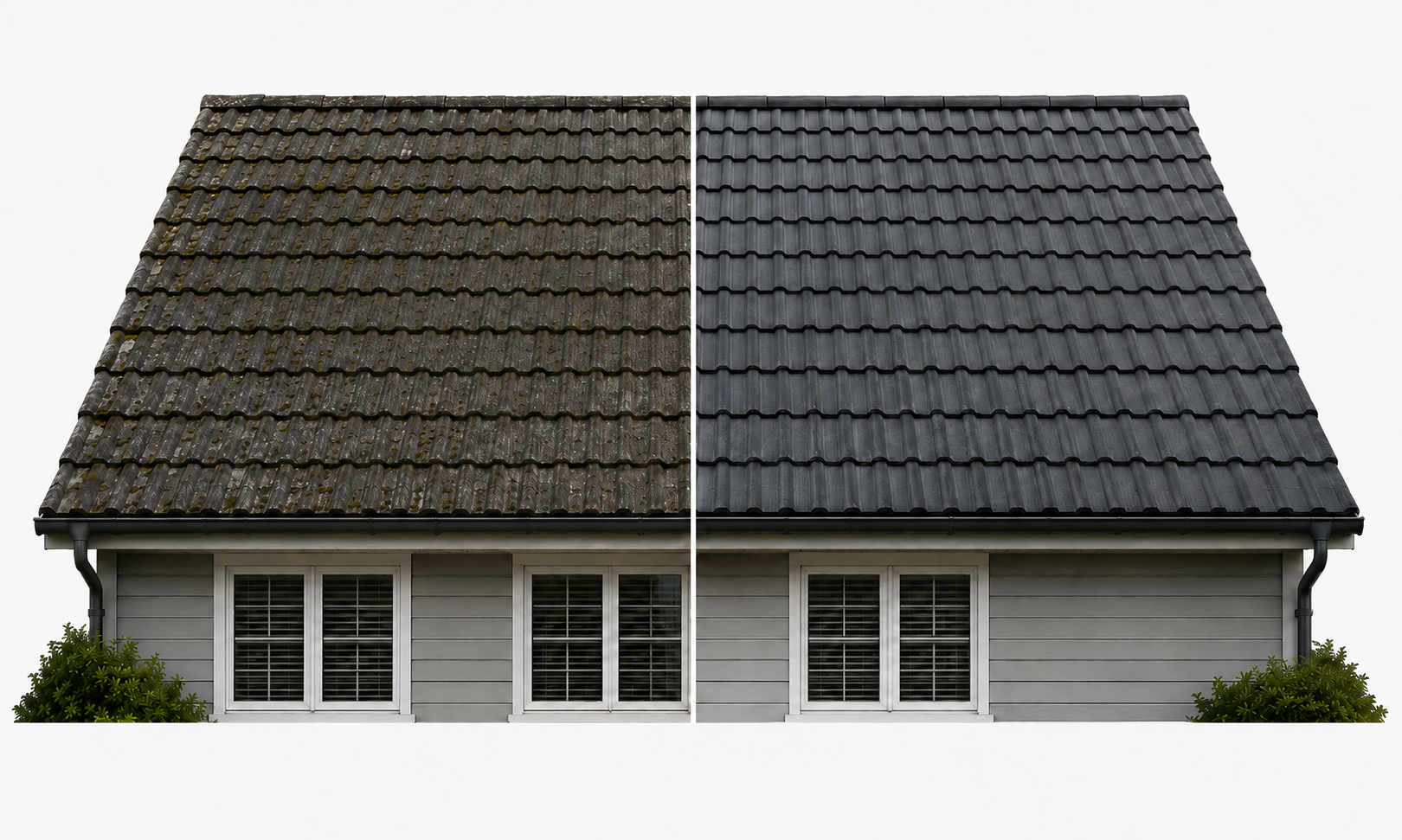 Roof comparison between moss-stained and clean roof areas