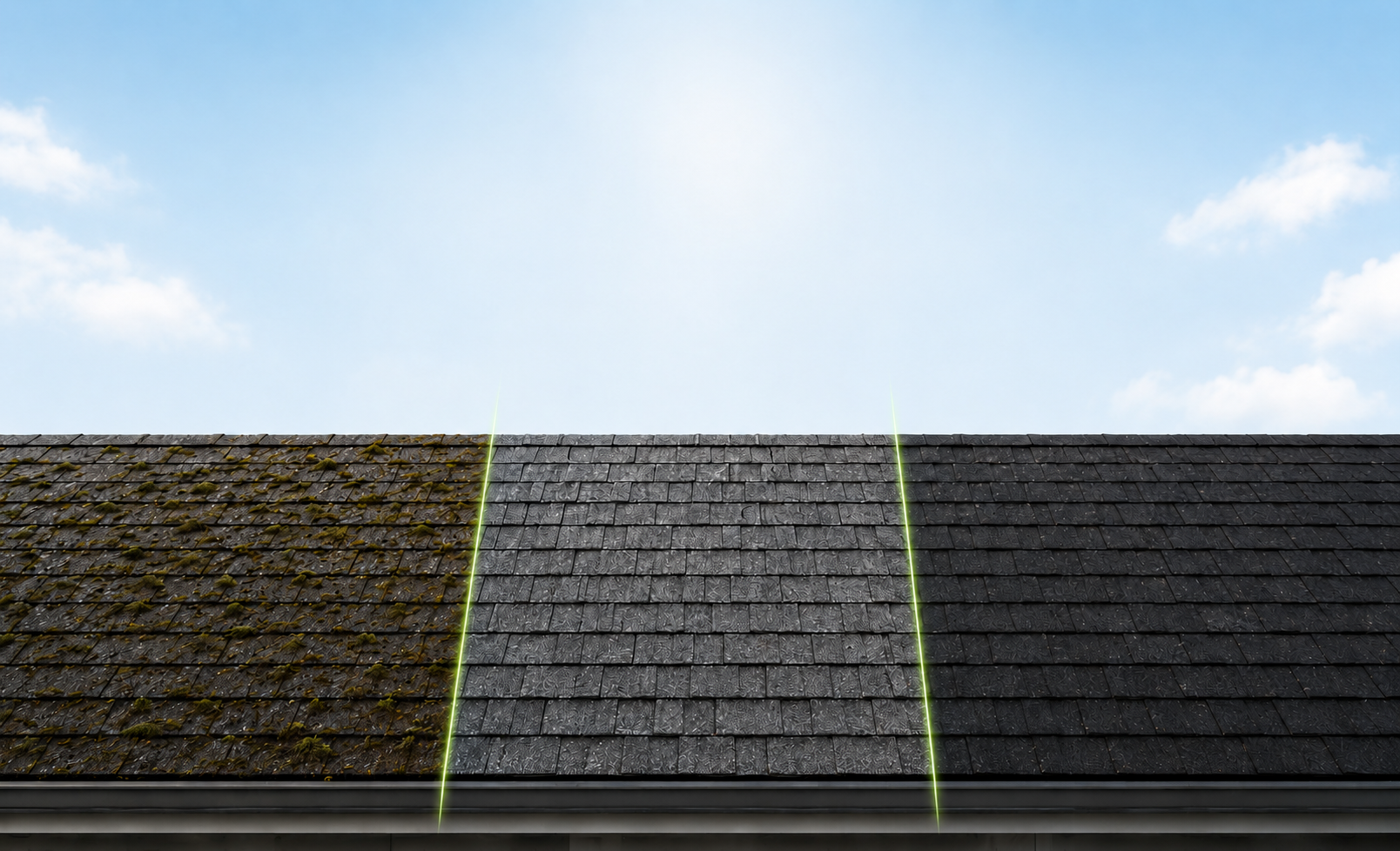 Roof ReLife three-stage roof surface: before soft wash, after soft wash, and after ReLife treatment